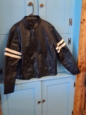 Men's Black Leather Jacket with White Sleeve Stripes